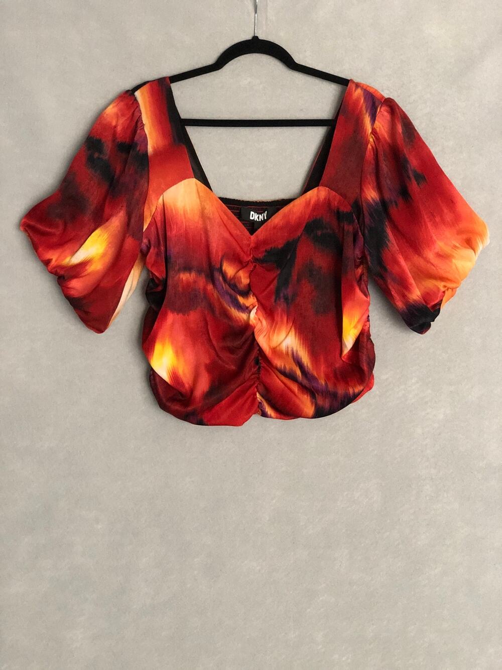 DKNY Puff Sleeve Top Smocked Back Cropped Women's Large NEW
